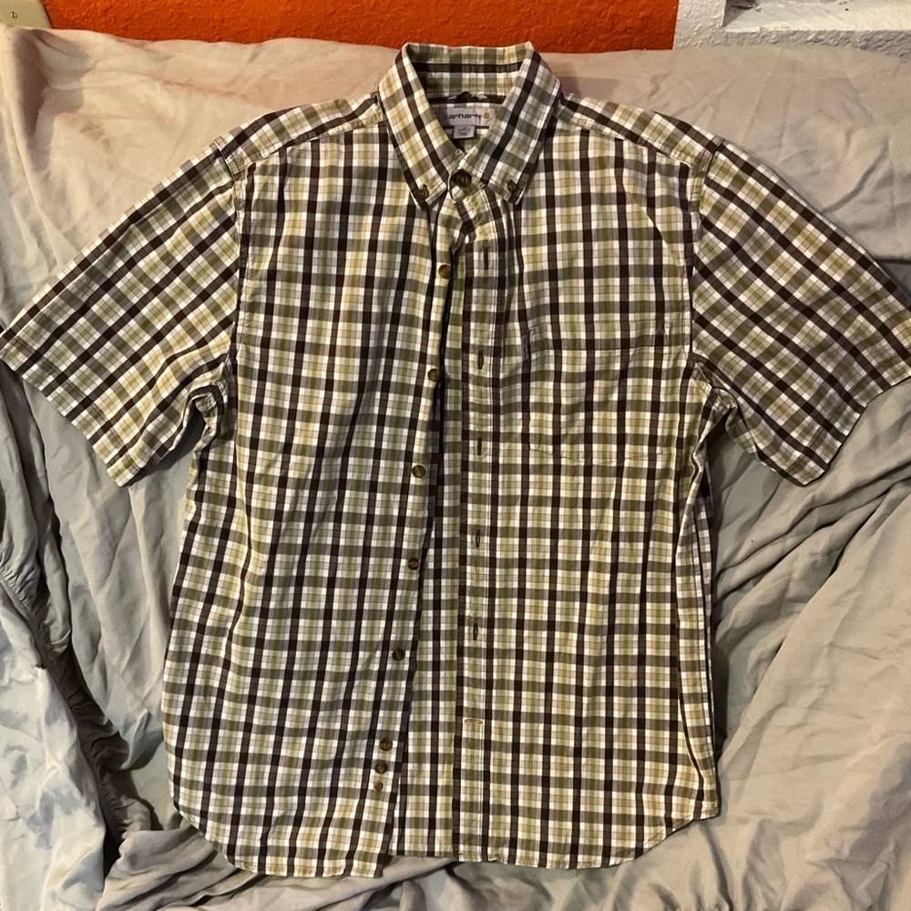 Carhartt Men's Green and Brown Plaid Button Down Shirt